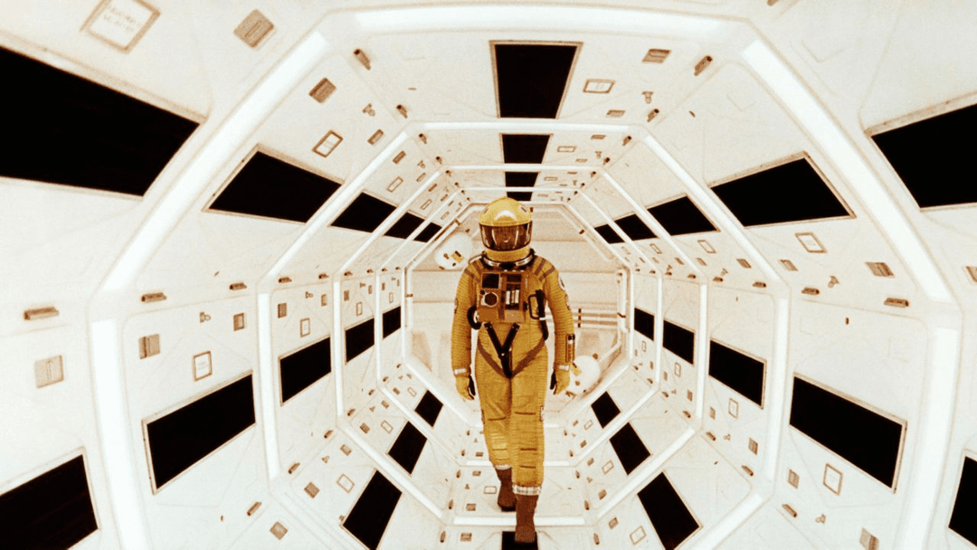 An astronaut walking in a spaceship