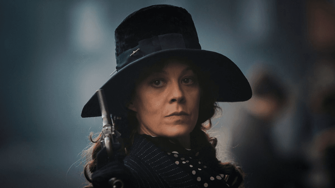 aunt polly dressed in black with a matching hat