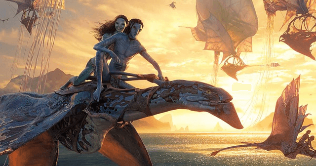 The lead stars of Avatar riding on a winged creature in Avatar: The Way of Water