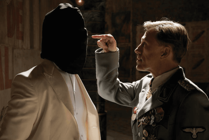 Brad Pitt and Christoph Waltz as Lt. Aldo Raine and Col. Hans Landa