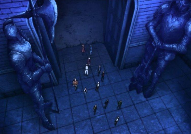 Hunters standing inside a dungeon room with two giant stone guardian statues in Solo Leveling