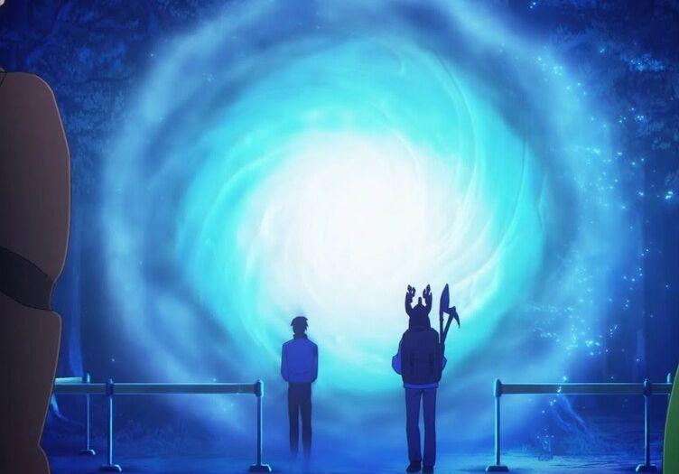 Two hunters standing in front of a glowing blue Gate portal in Solo Leveling