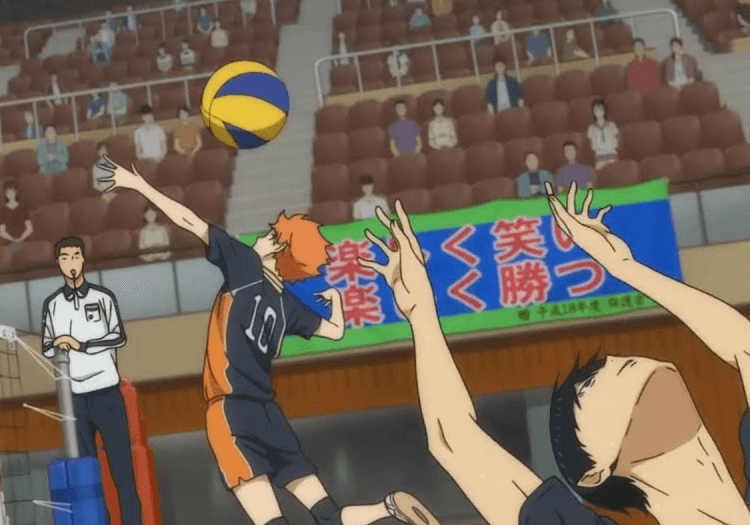 Hinata spiking while Kageyama sets the ball in Haikyu