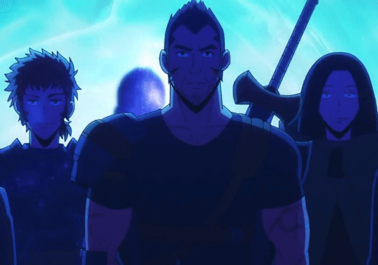A group of five hunters standing together in a blue lit dungeon in Solo Leveling