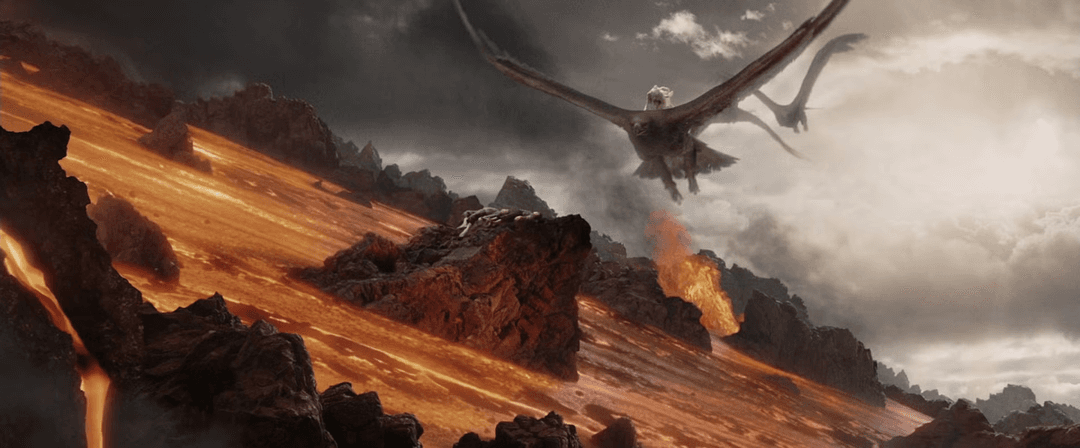 Three eagles coming on the slopes of Mt. Doom to rescue Frodo and Sam