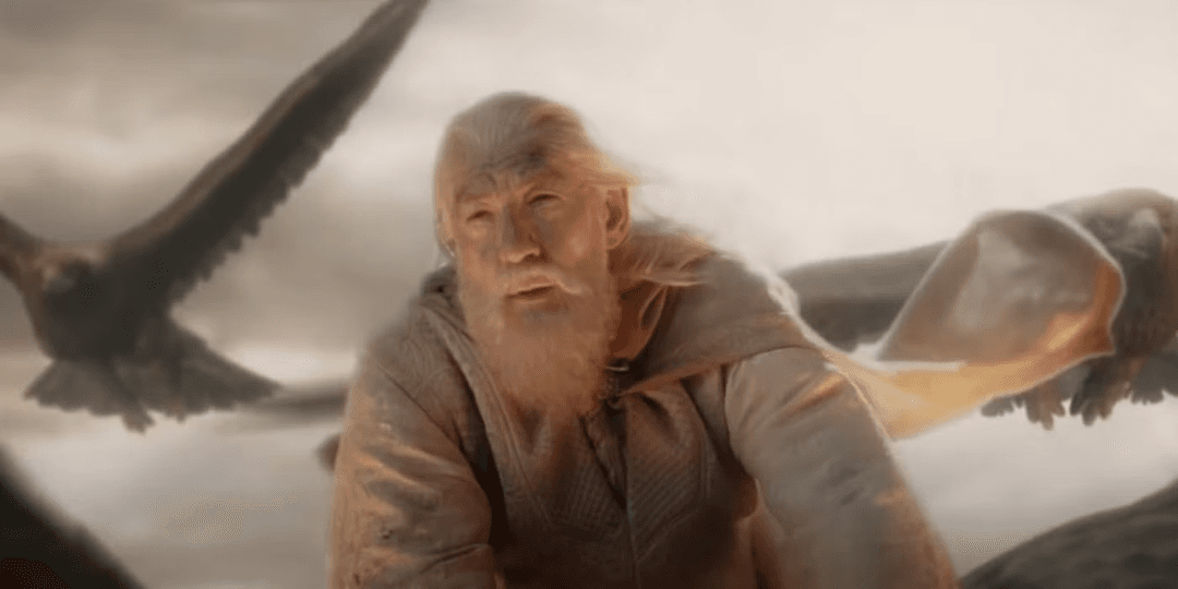 Gandalf on an eagle with two other eagles beside him