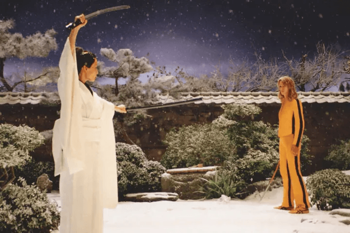 O Ren Ishii drawing a katana on The Bride