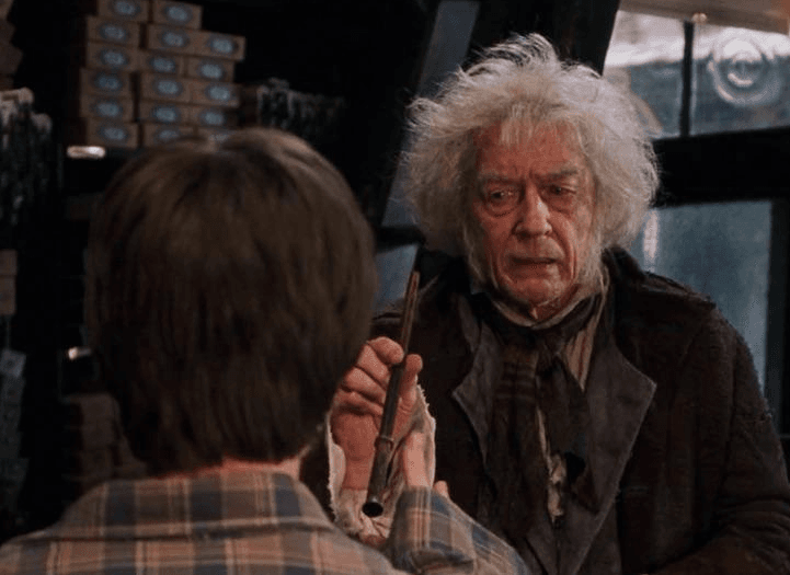 mr ollivander and harry potter in harry potter film
