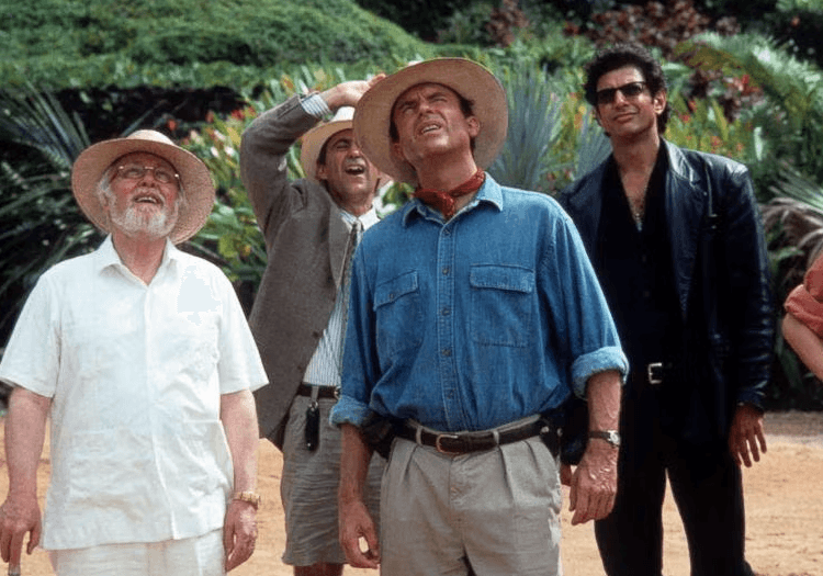 The cast of Jurassic Park looking up