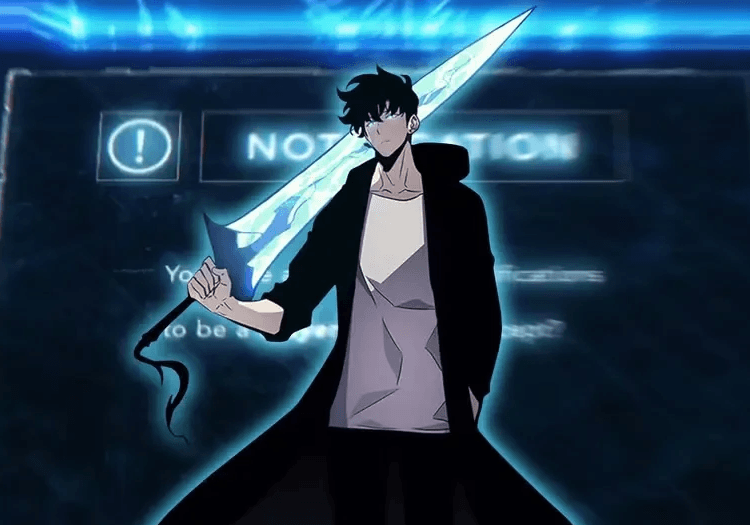 Sung Jinwoo holding a glowing blue sword in front of a system notification screen in Solo Leveling